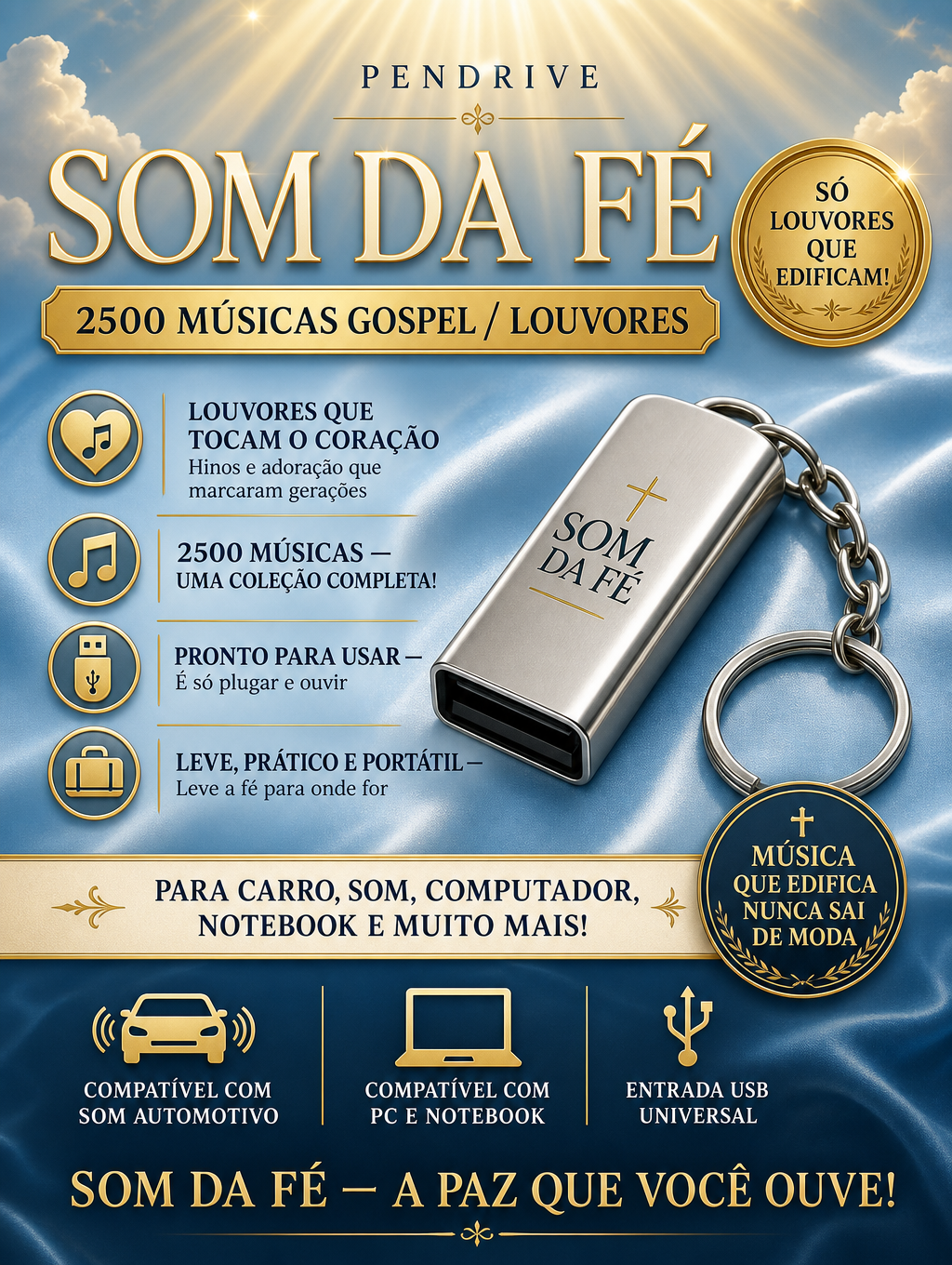 Arte do Pendrive Som da Fé com 2500 músicas gospel