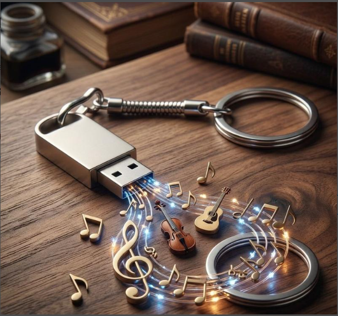 Pendrive Som da Fé com chaveiro sobre superfície clara